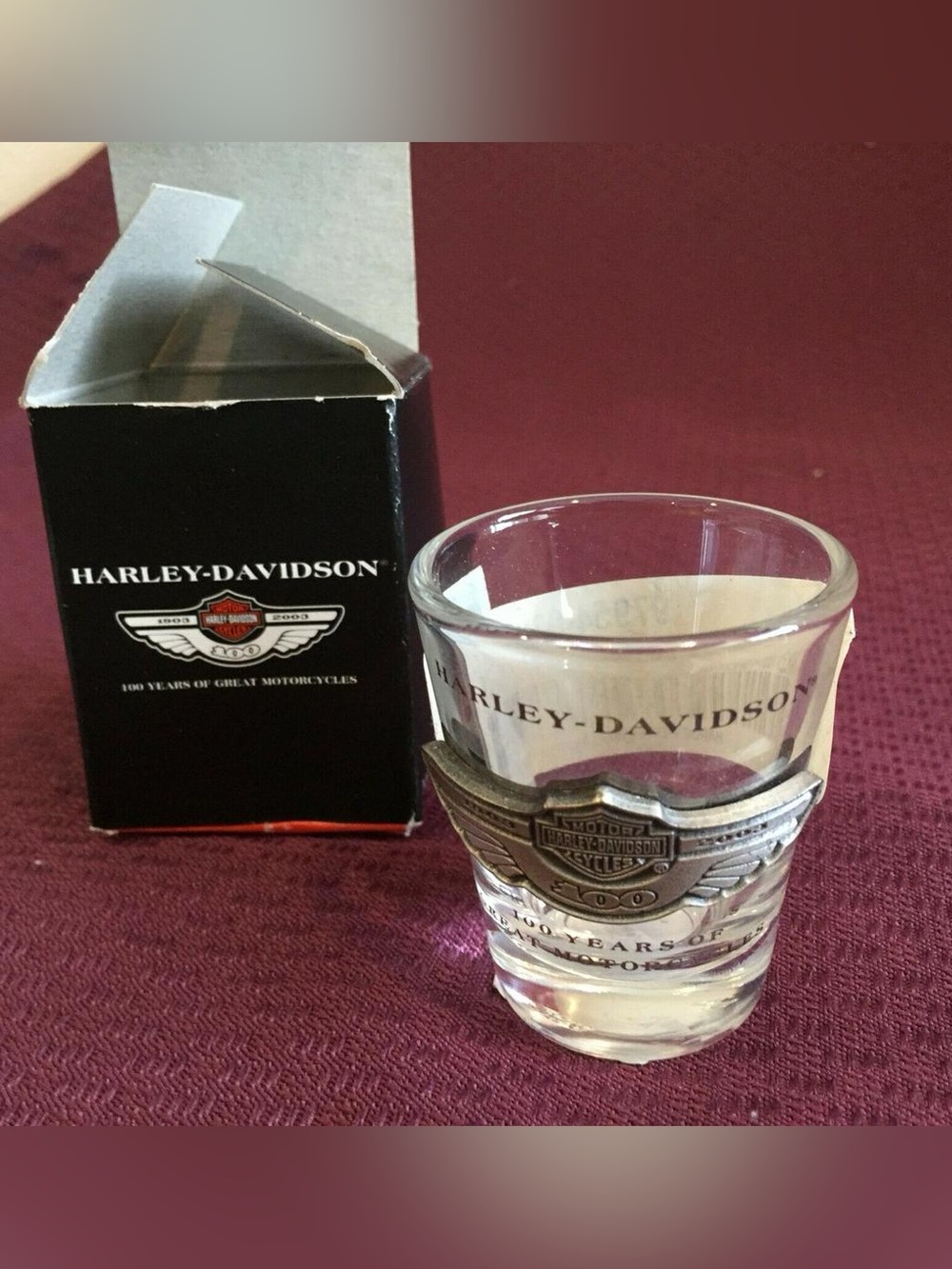 Vintage Harley-Davidson 100th Anniversary Glass with Silver Winged Shield Emblem